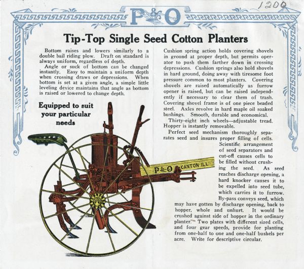 Advertising brochure for Parlin & Orendorff's Tip-Top single speed cotton planters. The inside spread features a color illustration of a planter and the caption: "Equipped to suit your particular needs." A block of text surrounding the illustration describes the benefits of the planter.