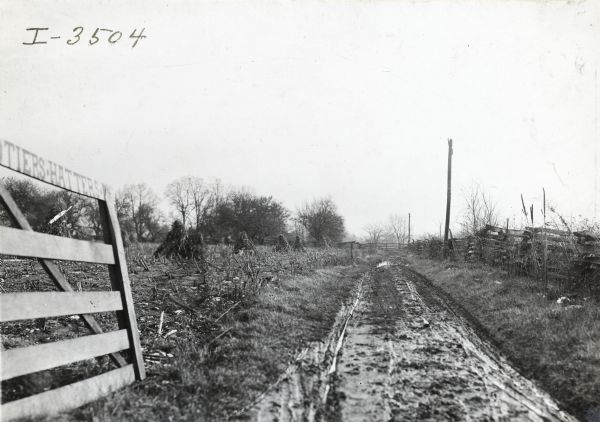 View of open gate and a muddy path through farmland along a fence. Corn shocks are in the field on the left.