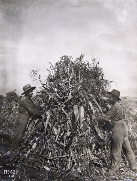 Two men gathering corn into a large corn shock on a farm.