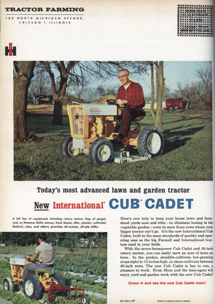 Advertisement for International's Cub Cadet lawn and garden tractor from the back of "Tractor Farming" magazine.  The advertisement features color photographs of men using the Cadet; the photograph at the top depicts a rotary mower, and the lower photograph shows a Cadet with a cultivator. The headline text reads: "Today's most advanced lawn and garden tractor; New International Cub Cadet."