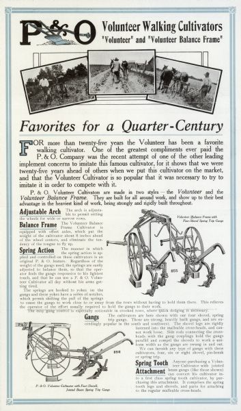 Brochure for Parlin & Orendorff's volunteer walking cultivators, advertising the "Volunteer" and "Volunteer balance frame." The brochure unfolds to reveal three photographs of the cultivators in use, two illustrations of the equipment, and text describing the benefits and features of the machines.