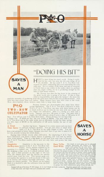 Advertising brochure for P&O cultivators entitled: "A Parade of P&O Two-Row Cultivators." The brochure opens to a feature illustrated with a photograph of a man using a cultivator led by three horses. The captions read: "Doing His Bit," "Saves a Man," and "Saves a Horse."