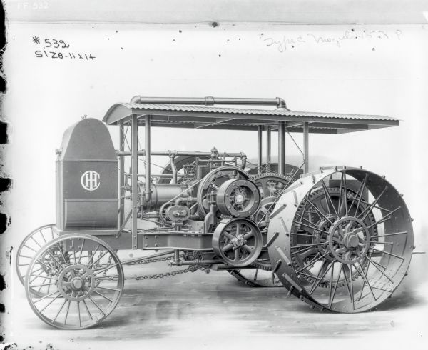 Artist's rendition of International Harvester Company's Type C 45-horsepower Mogul tractor, depicting the left side of the machine.