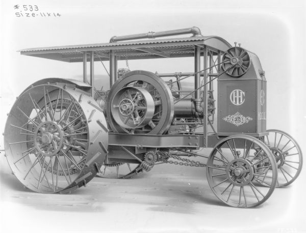 Artist's rendition depicting a right side view of International Harvester Company's Mogul oil tractor.
