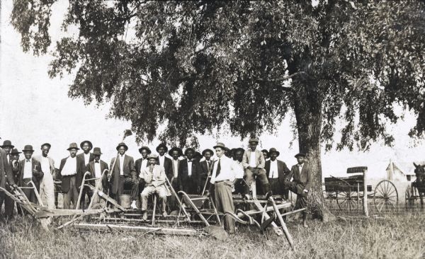 Men are gathered under a tree near several walking plows.