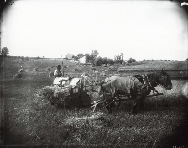 Side view of a man using two horses to pull a McCormick grain binder through a farm field. A barn and farmhouse are in the background  on a hill.