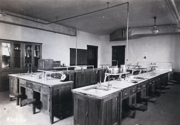 Interior view of the school kitchen in the domestic science department at Orange Township Consolidated School.