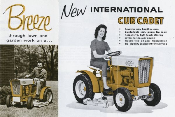 Front cover and interior foldout section of an International Cub Cadet advertising pamphlet. The advertisement features two color photographs of a man and a woman seated on the Cub Cadet, a headline reading: "Breeze through lawn and garden work on a ... New International Cub Cadet," and a listing of the machine's benefits and uses.