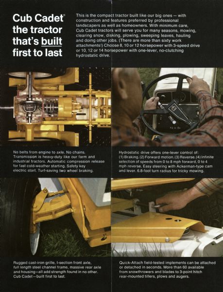 Interior panel of a pamphlet advertising the International Cub Cadet. The advertisement features the headline "Cub Cadet, the tractor that's built first to last" and four color photographic close-ups of the machinery.
