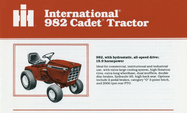 Color illustration from a specification sheet for International's 982 Cadet lawn tractor.