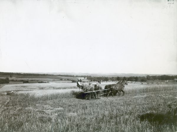 Side view of three men using a McCormick marsh-type hand-binding harvester in a field.