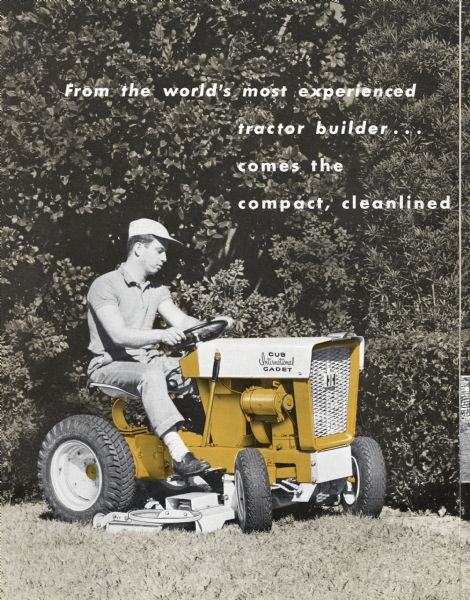 Advertisement for the International Cub Cadet lawn and garden tractor featuring a color photograph of a man using the machine to trim grass next to a hedge.