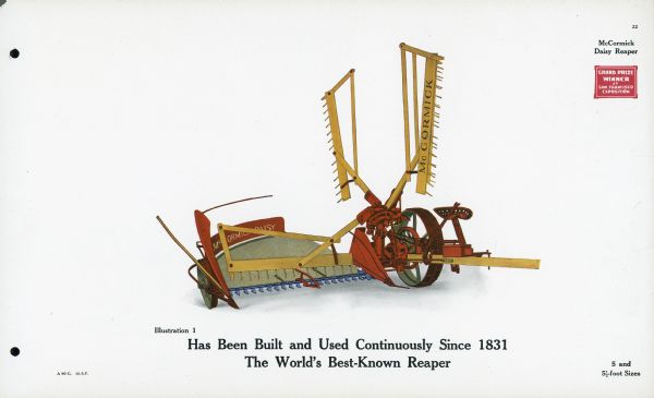 Color illustration of a McCormick Daisy reaper from a 1917 general line catalog. Caption reads: "Has been built and used continuously since 1831. The world's best-known reaper." Image contains icon indicating that the McCormick Daisy reaper was the grand prize winner at the 1915 San Francisco Exposition.