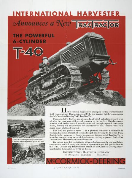 Advertising proof for International Harvester's T-40 TracTracTor (crawler tractor) featuring illustrations of the tractor at work. The text on the poster reads: "International Harvester Announces a New TracTracTor, the Powerful 6-Cylinder T-40."