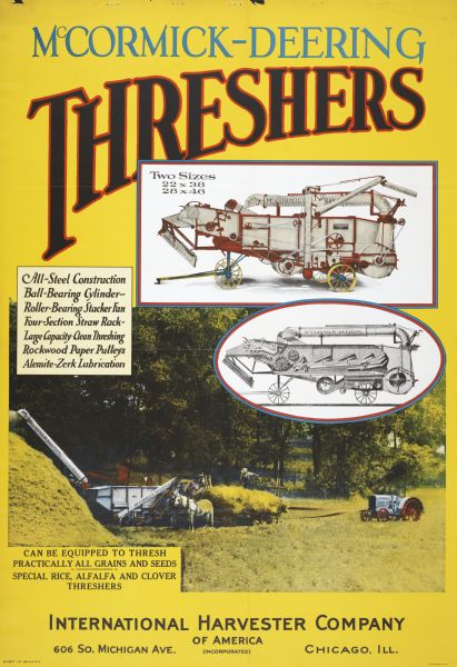 Advertising poster for McCormick-Deering stationary threshers featuring a color illustration of an all-steel thresher at work in a field and illustrations of two sizes of thresher models.