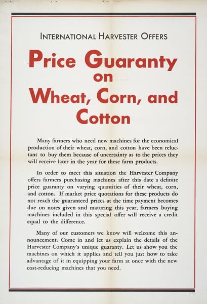 International Harvester poster advertising a price guarantee for wheat, corn, and cotton.
