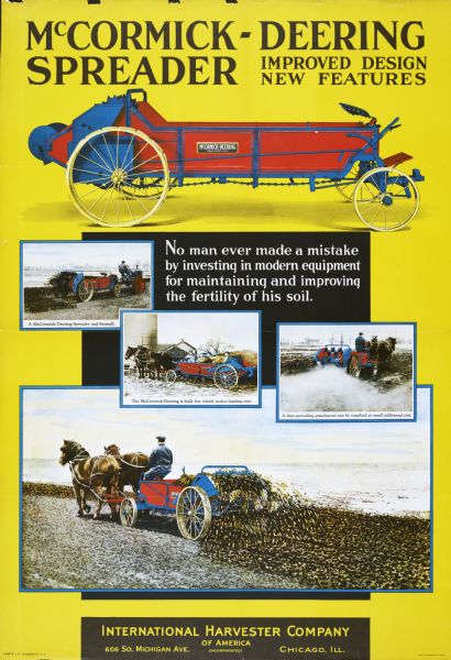 Advertising poster for McCormick-Deering spreaders. The poster features large color illustrations of a spreader and a man using a spreader in field and smaller inset illustrations of the machine at work in three farm settings.