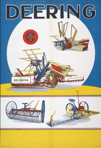 Advertising poster for Deering farm machinery and implements for use throughout Europe. The poster features color illustrations of various pieces of equipment, and the International Harvester logo appears at upper left.