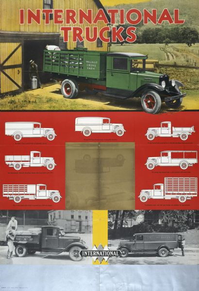 Advertising poster for International trucks. Features a color illustration of a man loading a truck, illustrations of a variety of trucks including a Type A panel body and a Type B panel body, and two black and white photographs of men using trucks labeled "Moore's Coney Corp" and "Crystal Bakery."