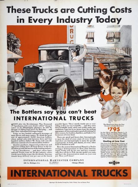Poster advertising International trucks as used by the bottling industry. The poster features a color illustration of two children drinking bottled beverages and waving to the driver of an International truck (possibly a model A-3) hauling a load of crated bottles.