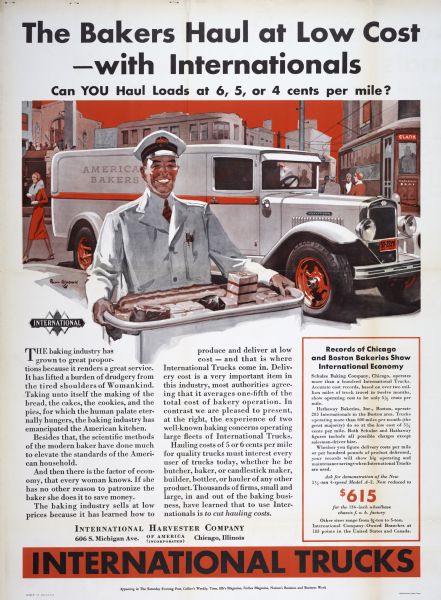 Advertising poster for International Harvester trucks as used by the bakery industry. The poster features a color illustration of a uniformed man holding a tray of baked goods while standing in front of an International truck (possibly an A-2) as pedestrians walk by.