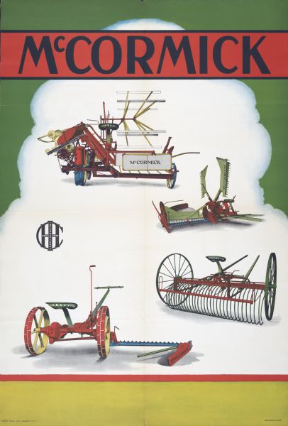 Advertising poster for use in Europe featuring color illustrations of a McCormick grain binder, reaper, hay rake and mower. An International Harvester logo appears along the left side of the poster.