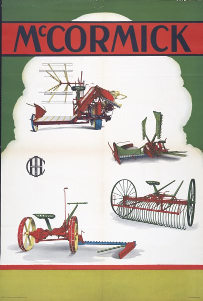 Advertising poster for use in Great Britain featuring color illustrations of a McCormick grain binder, reaper, hay rake and mower. An International Harvester logo is along the left side of the poster.