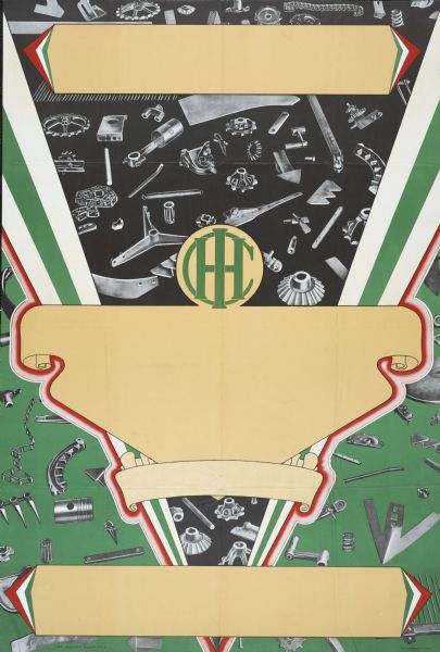 Poster for the International Harvester Company to be used in countries other than the United States. The poster features black and white illustrations of agricultural machinery parts and blank areas in which text could be added.