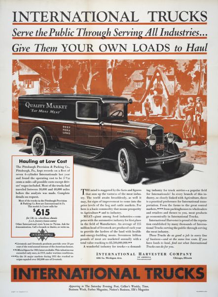 International Harvester advertising proof illustrating the various ways in which trucks can be put to use in hauling and delivering goods. The poster features a color illustration of an A-2 International truck marked: "Quality Market. Eat More Meat. Beef, Pork, Lamb." In the background two women stroll down a sidewalk, and a man is carrying a delivery to the front door of a house.