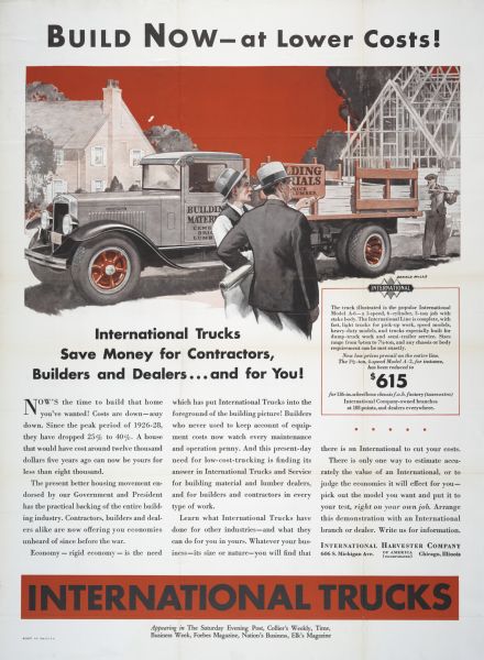 Advertising proof encouraging the purchase of International Harvester trucks by individuals in the construction business. The poster features a two-color illustration of two men conversing on a construction site, while an International truck, Model A-6, is parked in the background. Paragraphs of text are below the illustration.