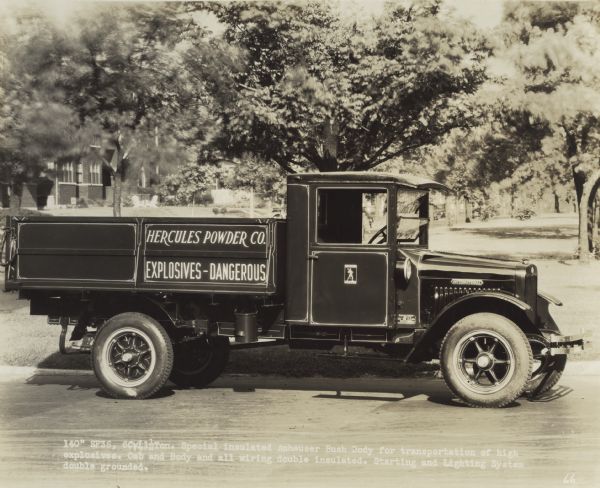 International SF-36 truck owned by Hercules Powder Co. The truck bears the text: "Explosives-Dangerous." Original caption reads: "'140' SF36, 6 cylinder 1.5 ton, special insulated Anheuser Bush body fo transportation of high explosives. Cab and body and all wiring double insulated. Starting and lighting system double grounded."