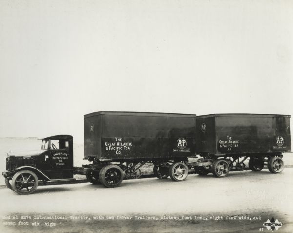 International HS-74 trucks operated by the Great Atlantic & Pacific Tea Co." Original caption reads: "Model HS74 International tractor, with two LaPeer Trailers, sixteen foot long, eight foot wide, and seven foot six high."