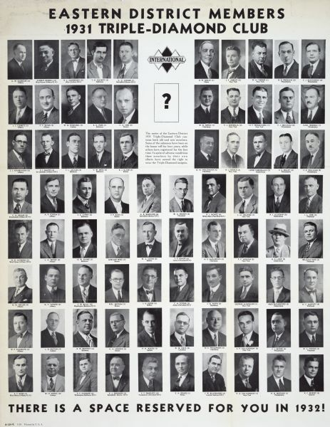 Poster featuring head-and-shoulder portraits of Eastern district members of the 1931 Triple-Diamond Club, a group honoring top performing International truck salesmen. The poster includes the text: "There is a Space Reserved for You in 1932!"