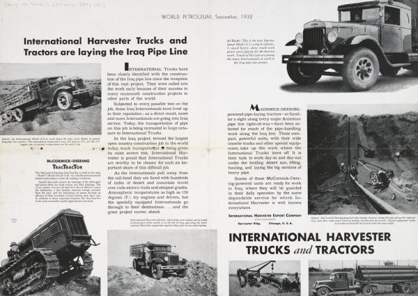 Two page spread from "World Petroleum" explaining the role of International Harvester trucks and tractors in laying the Iraq pipe line. Black and white photographs of the machinery in action surround paragraphs of text.