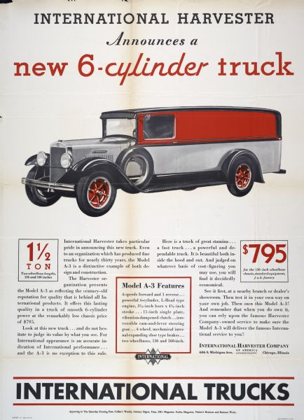 Poster advertising International's new 6-cylinder truck, Model A-3, featuring an illustration of the truck along with a body of text listing its attributes.
