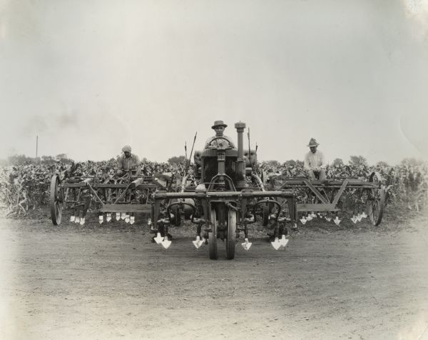 Cultivator mounted on a Farmall Regular tractor. Three men are posing on the equipment near a cornfield.