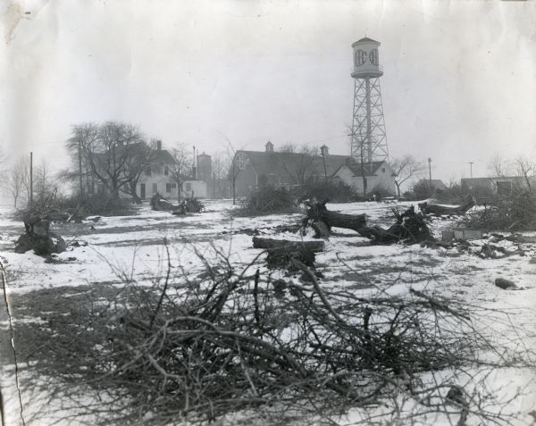 View of a farmhouse, barn, water tower, and other buildings on an International Harvester Company demonstration farm. The IHC logo is on the water tower tank, and felled trees and branches are scattered about in a field in the foreground.