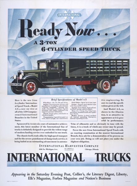 Poster advertising International's new Model A-5 truck. The poster features the headline "Ready Now . . . A 3-Ton 6-Cylinder Speed Truck," a color illustration of the truck, and additional text describing its benefits and features.