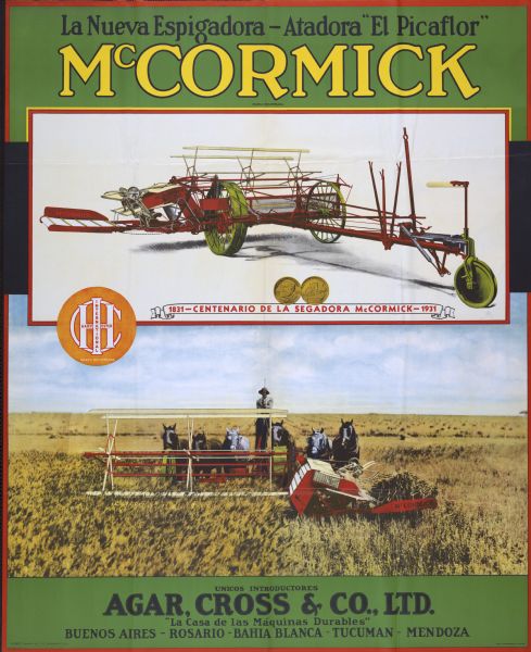 Spanish-language poster intended for use in South America advertising McCormick's "Hummingbird" grain header and push binder. The headline reads: "La Nueva Espigadora - Atadora 'El Picaflor.'" The poster features color illustrations of a grain header and push binder, along with illustrations of both faces of the McCormick Reaper Centennial coin.