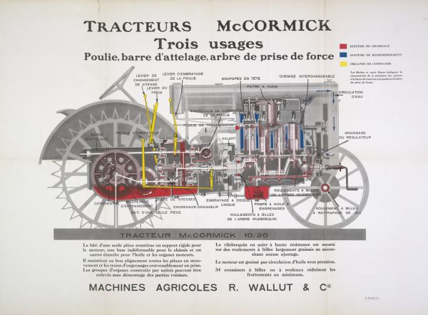 French-language poster advertising a McCormick 10-20 tractor. The poster features a a block of text, along with a cut-away illustration of a tractor with its internal parts labeled.