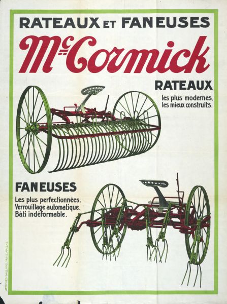 French-language poster advertising McCormick rakes and tedders. The poster features color illustrations of a hay rake and hay tedder along with text describing their features.