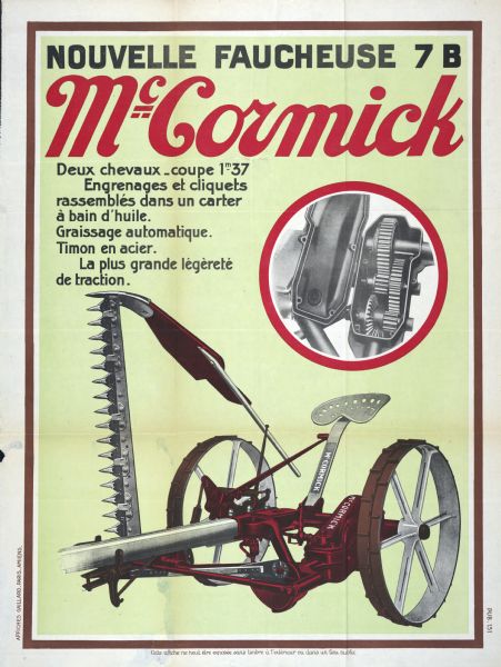 French-language poster advertising the McCormick 7B mower. The poster features a color illustration of the mower with an inset close-up of the machine's gears. Text accompanies the illustration.