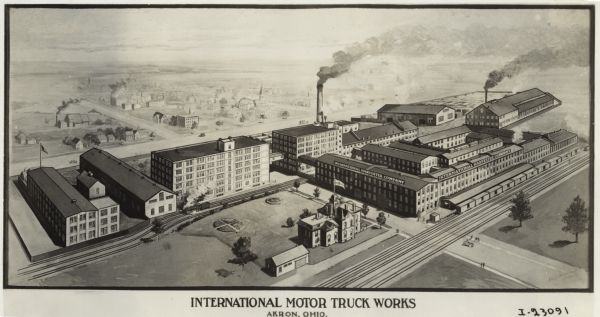 Bird-eye view of factory buildings at International Harvester's Akron Works.