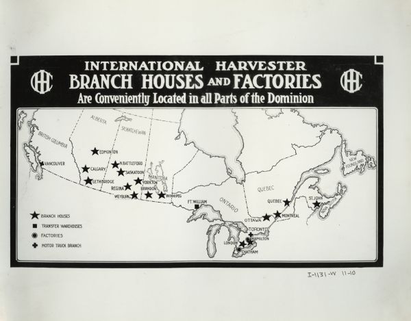 A map of IH branch houses and factories in Canada. The legend includes markings for branch houses, transfer warehouses, factories, and motor truck branches.