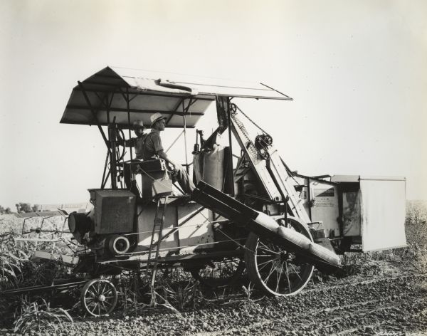 McCormick-Deering No.31 harvester-thresher (combine) in a field. Original caption reads "New 31-RW West Coast Special harvester-thresher in "gyp" corn on 110-acre farm of T.C. Rawlins, Glenn, California. Owned by Guey Jones, Willows, California. F.A. Miller, Glenn, California, on combine.