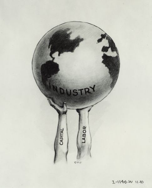 Cartoon depicting "Industry" (the world) held up by two arms labeled "Capital" and "Labor."