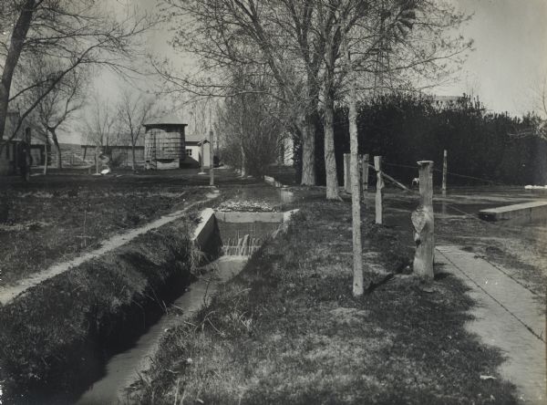 Irrigation ditch with a silo and farm buildings in the background. Original caption reads: "Union Pacific Silo Special Trip; irrigation ditch, Mrs. Caroline B. Haig."