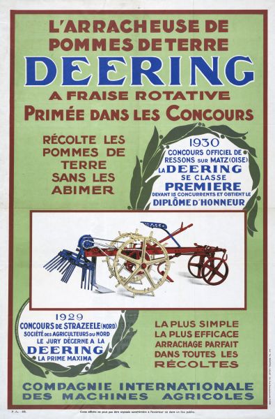 French-language poster advertising the Deering potato harvester. The poster includes a color illustration of the harvester along with text listing the features of the machine.