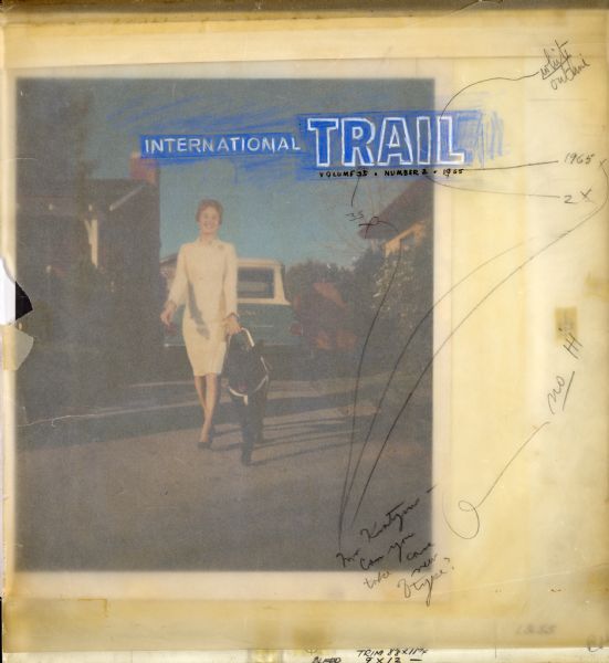 Cover layout of the Volume 35, Number 2 issue of "International Trail" magazine featuring a photograph of a woman using a seeing-eye dog to walk down a driveway. An International Scout truck is parked behind her. A vellum overlay covers the photograph, marked with the "International Trail" header and additional handwritten notes.