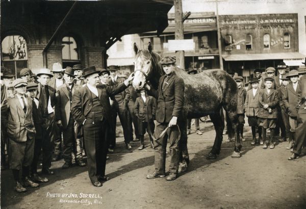 A man and boy holding the reins of a horse while a group of men and boys are looking on. Commercial buildings are in the background.